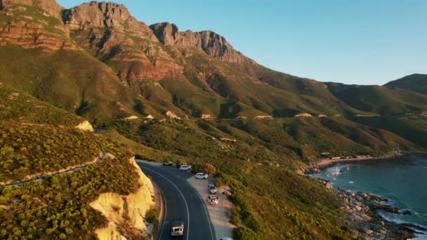 Scenic Coastal Drive Chapmans Peak Road Cape Town Sunset Aerial — Stockvideo