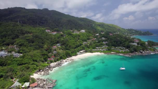 Stunning Aerial Orbit Carana Beach North Coast Mahe Island Seychelles — Video