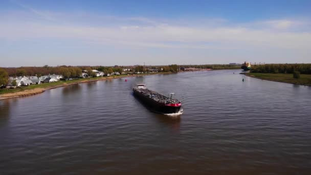 Tankship Travelling River Daytime Shipping Vessel Aerial — Stock Video
