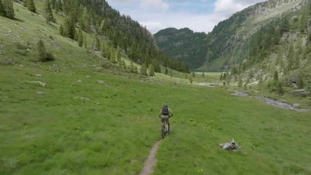 Prise Vue Aérienne Cycliste Dynamique Qui Descend Sentier Rural Montagne — Video