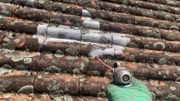 Worker Hand Glove Spraying Moss Remover Roof Tiles Close — ストック動画