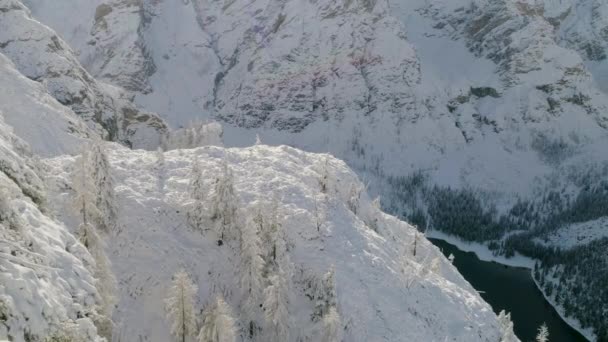 Breath Taking Aerial View Establishing Snow Covered Mountain Forest Slopes — Stockvideo