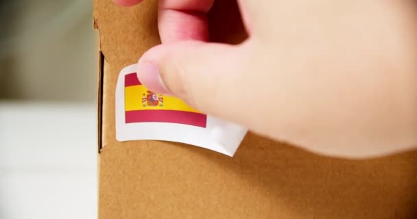 Hands Applying Made Spain Flag Label Shipping Cardboard Box Products — ストック動画