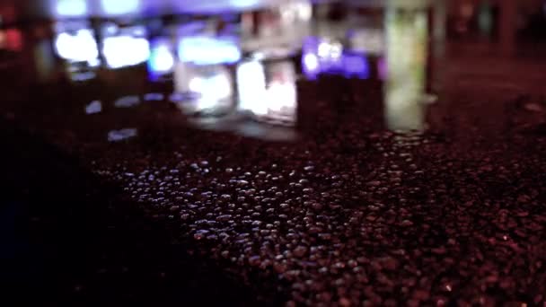 Heavy Rain City Night Raindrops Fall Puddle Closeup Macro Perspective — Stockvideo