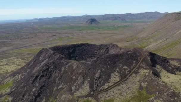 Aerial Flyover Volcano Crater Scenic Landscape Iceland Island Bright Sunlight — Stockvideo