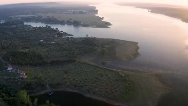 Aerial View Lake Ponte Sor Huge Sunrise Reflections Drone Alentejo — Vídeos de Stock