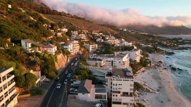 Traffic Driving Sunset Clifton Beach Cape Town Summer Aerial — Stockvideo