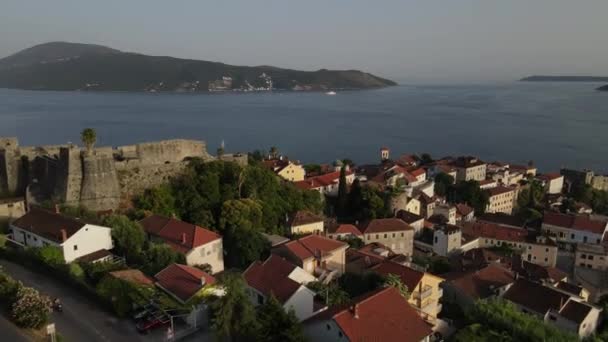 Aerial View Herceg Novi Kotor Bay Montenegro Golden Hour Sunlight — Vídeos de Stock
