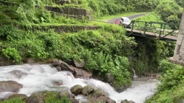 Beautiful Waterfalls Bridge Car Passing Person Dooars India Scenic Beauty — 图库视频影像