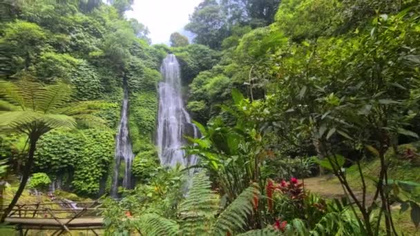 Majestic Waterfall Tropical Jungle Bali Island Indonesia Wide View — Vídeo de Stock