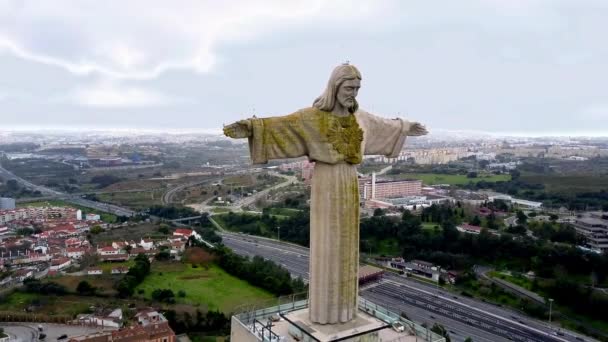 Drone Shoot Christ Sanctuary Cristo Rey Traffic City Lisbon Background — Stockvideo