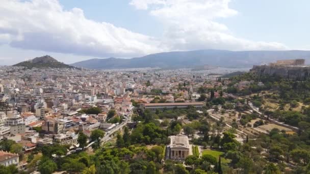 Athens Greece Aerial View Ancient Agora Roman Forum Acropolis Downtown — Video Stock
