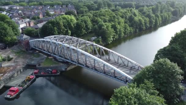 Aerial Descending View Vehicles Crossing Manchester Ship Canal Swing Bridge — Stockvideo