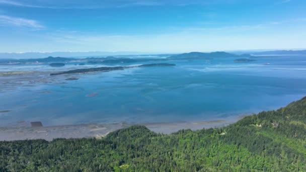 Drone Skott Samish Bay Med Öar Fjärran Och Frodiga Skogar — Stockvideo