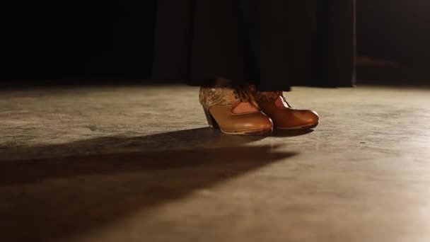 Pan Left Shot Feet Doing Flamenco Tap Dancing Gimbal Low — Stock Video