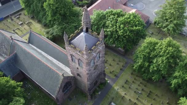 Aerial View Rural English Town Woodland Countryside Idyllic Church Rooftop — Stock video