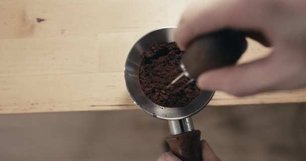 Barista Preparing Espresso Coffee Grinds Wdt Tool Double Shot Extraction — Stock Video