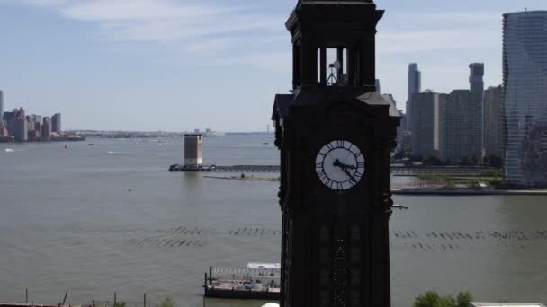 Aerial View Clock Tower Hoboken Terminal Coastline New Jersey Usa — Stock Video