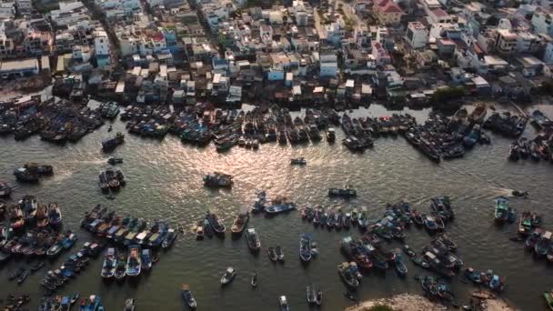 Vietnamese City Buildings Many Fishing Boats Moored River Coast — Stockvideo