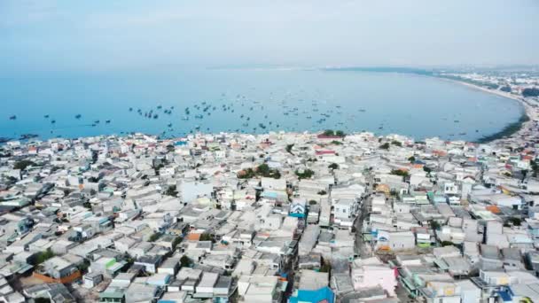 Aerial Cramped Overcrowded Slum Houses Ocean Rural Southeast Asia — Video Stock