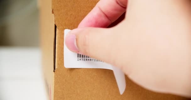 Hands Applying International Shipping Sticker Label Cardboard Post Box Barcode — Wideo stockowe