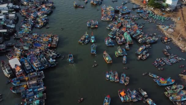 Overpopulated Harbor Fishing Boats Vietnam Aerial View Binh Thuan South — Stockvideo