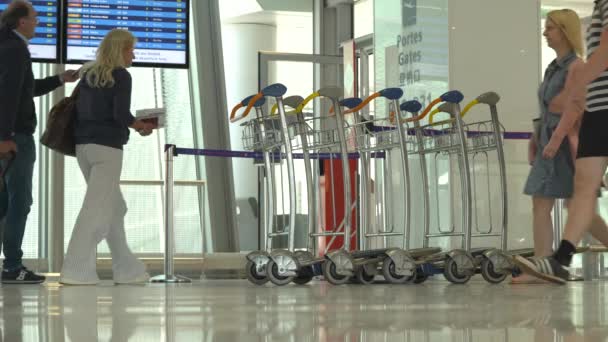 Luggage Trolley People Rushing Paris Charles Gaulle Airport Departure Парижі — стокове відео