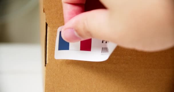 Hands Applying Made France Flag Label Shipping Cardboard Box Products — Video Stock