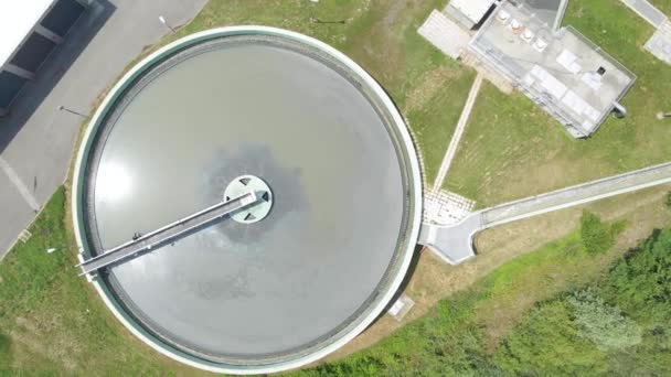 Aerial View Wastewater Separation Tank Rotating Top Drone Shot — Stockvideo