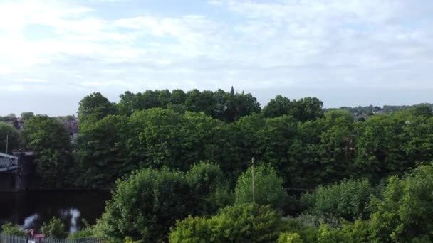 Aerial View Rising British Canal Trees Reveal Church Spire Rural — Stockvideo