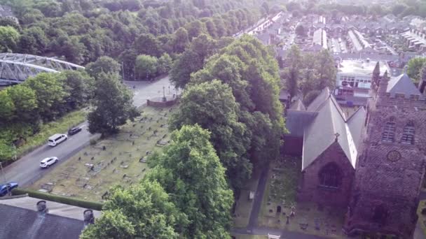 Scenic Aerial View Quaint Countryside Village Church Cemetery Canal Waterway — Stockvideo