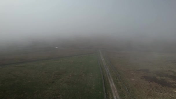 Moody North York Misty Rural Moorland Scene Aerial View Vehicle — Stockvideo