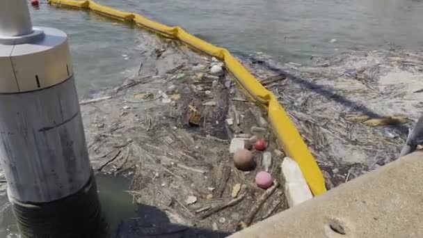 Floating Debris River Blocked Yellow River Boom River Pollution — Stockvideo