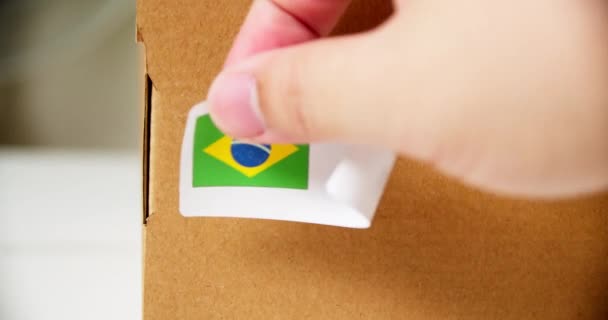 Hands Applying Made Brazil Flag Label Shipping Cardboard Box Products — Vídeos de Stock