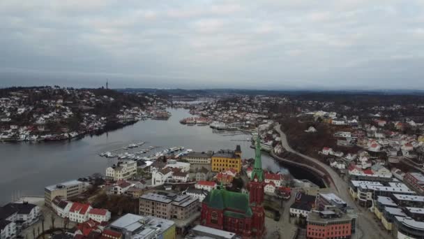 Arendal Norway Flying City Center Trinity Church Tyvholmen While Looking — Vídeos de Stock