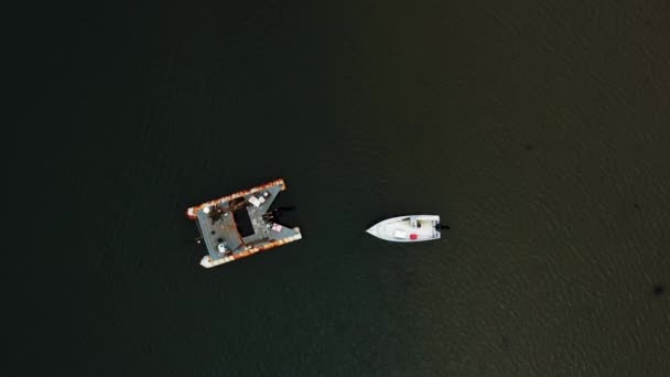 Boats Ocean Top Drone View Angle Beautiful Blue Sea Color — Vídeo de Stock