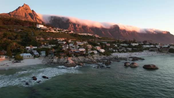 Clifton Beaches Sunset Clouds Rolling Apostles Aerial — Stock Video