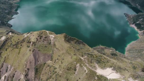 Aerial Top View Trail Mountain Peak Idyllic Crater Lake Valley — Stock Video