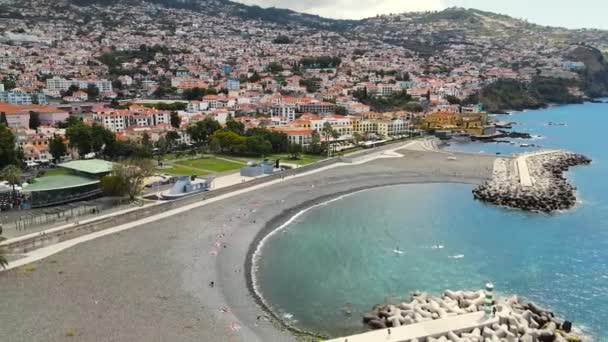 Aerial Pan Shot Funchal Coastal Town Madeira Island Portugal Surrounded — Stockvideo