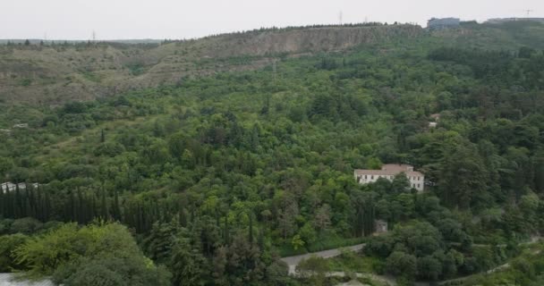 Dolly Out Aerial Shot Tbilisi Forest Revealing Kartlis Deda Statue — Stok Video
