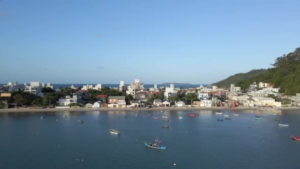Fishing Boats Calm Bay Zimbros Beach Bombinhas Aerial — Stok video