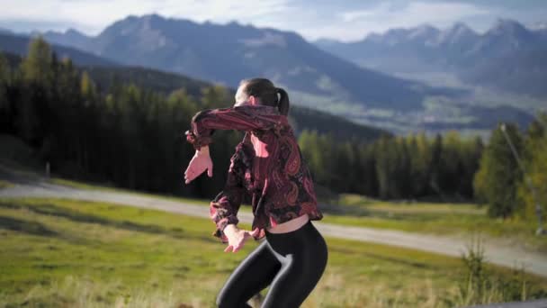 Slow Motion Orbiting Gimbal Shot Young Woman Dancing Wooden Platform — Video Stock