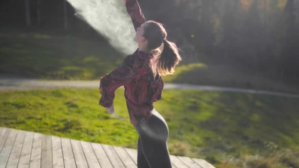 Slow Motion Young Woman Throwing White Powder Wooden Platform Golden — Wideo stockowe