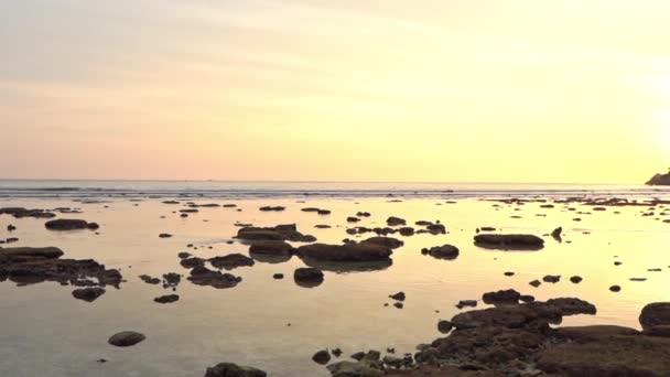Tropical Beach Low Tide Evening Sun Endless Horizon Rocks Panorama — Vídeo de Stock