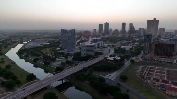 Fort Worth Usa Skyline Dawn Техасский Город Западной Области Река — стоковое видео