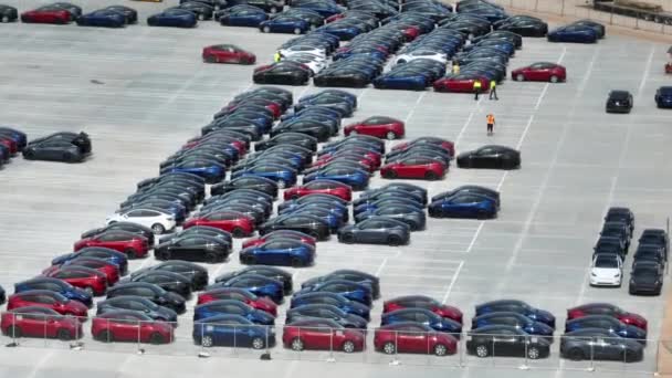Brand New Tesla Model Cars Manufactured Giga Texas Aerial Reveal — Vídeo de Stock
