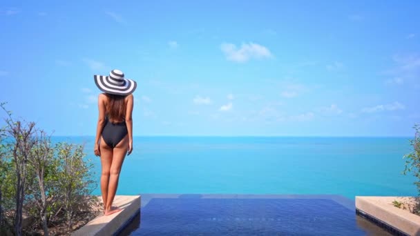 Back View Lonesome Slender Female Swimsuit Floppy Summer Hat Standing — 비디오