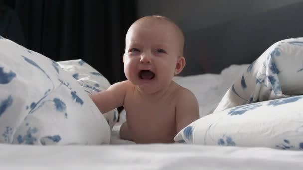 Unhappy Screaming Baby Crying Crawling Bed — Wideo stockowe