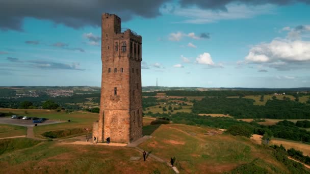 Κάστρο Hill Αρχαίο Μνημείο Θέα Huddersfield Στο Δυτικό Yorkshire Κηφήνας — Αρχείο Βίντεο