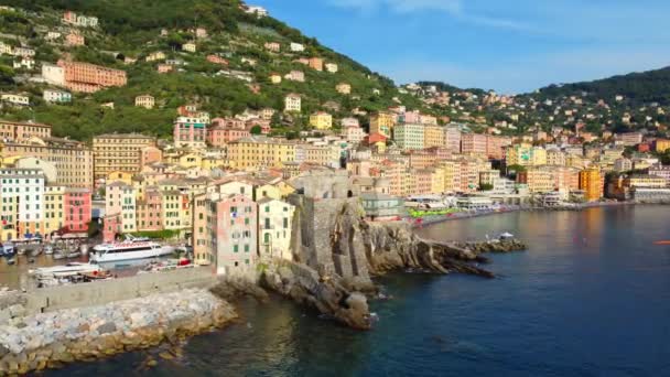 Drone Vista Della Bellissima Città Costiera Camogli — Video Stock